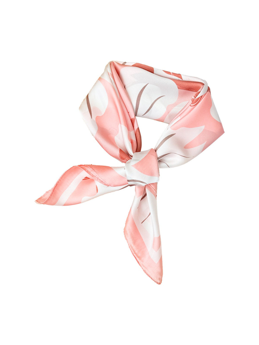 Model wearing Scarvii Lily Print Square Scarf styled around the neck with pink lily flowers visible