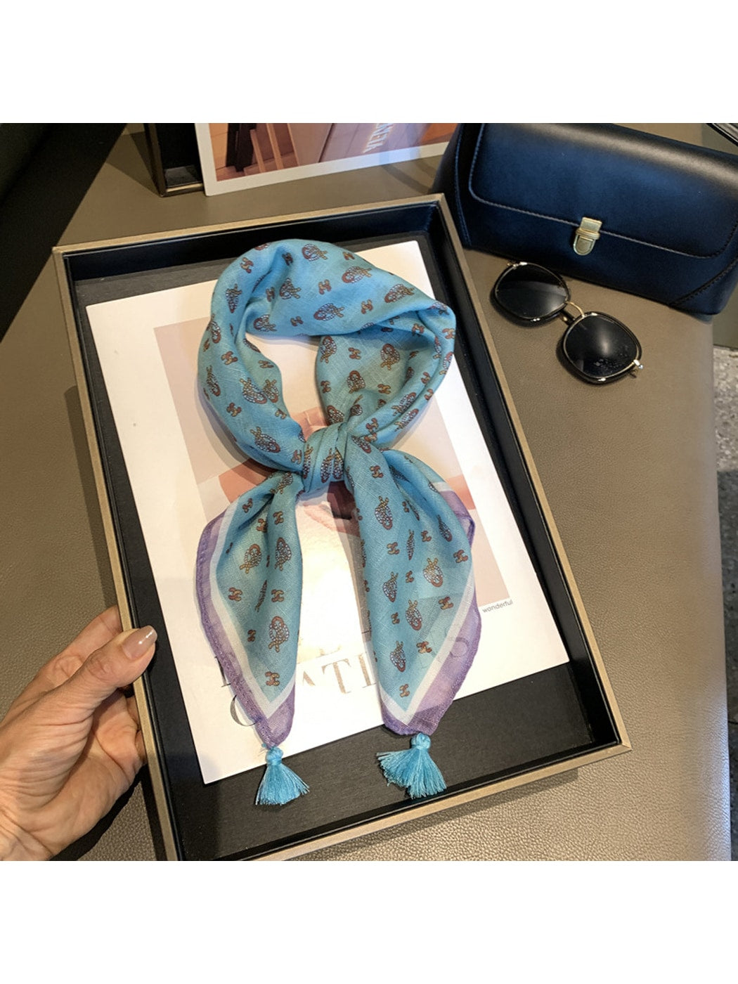 Scarvii - Blue Tone Print Tassel Design Square Scarf