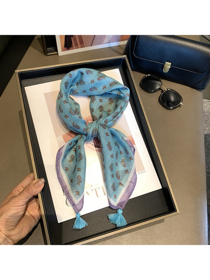 Scarvii - Blue Tone Print Tassel Design Square Scarf