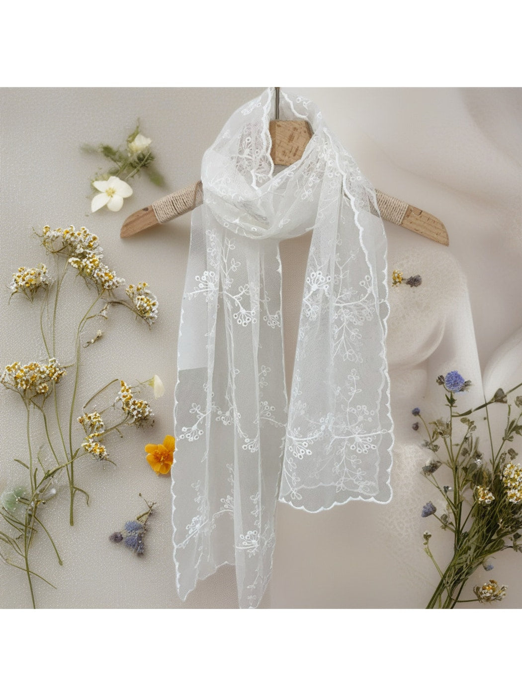 Scarvii - Floral Embroidered Solid Lace Long Scarf