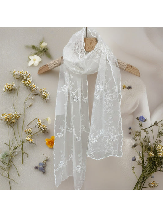 Scarvii - Floral Embroidered Solid Lace Long Scarf
