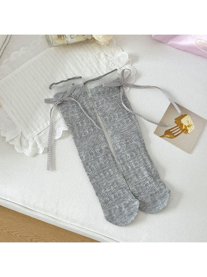 Rufia - Sweet Bow Lace Trim Solid Color Crew Socks
