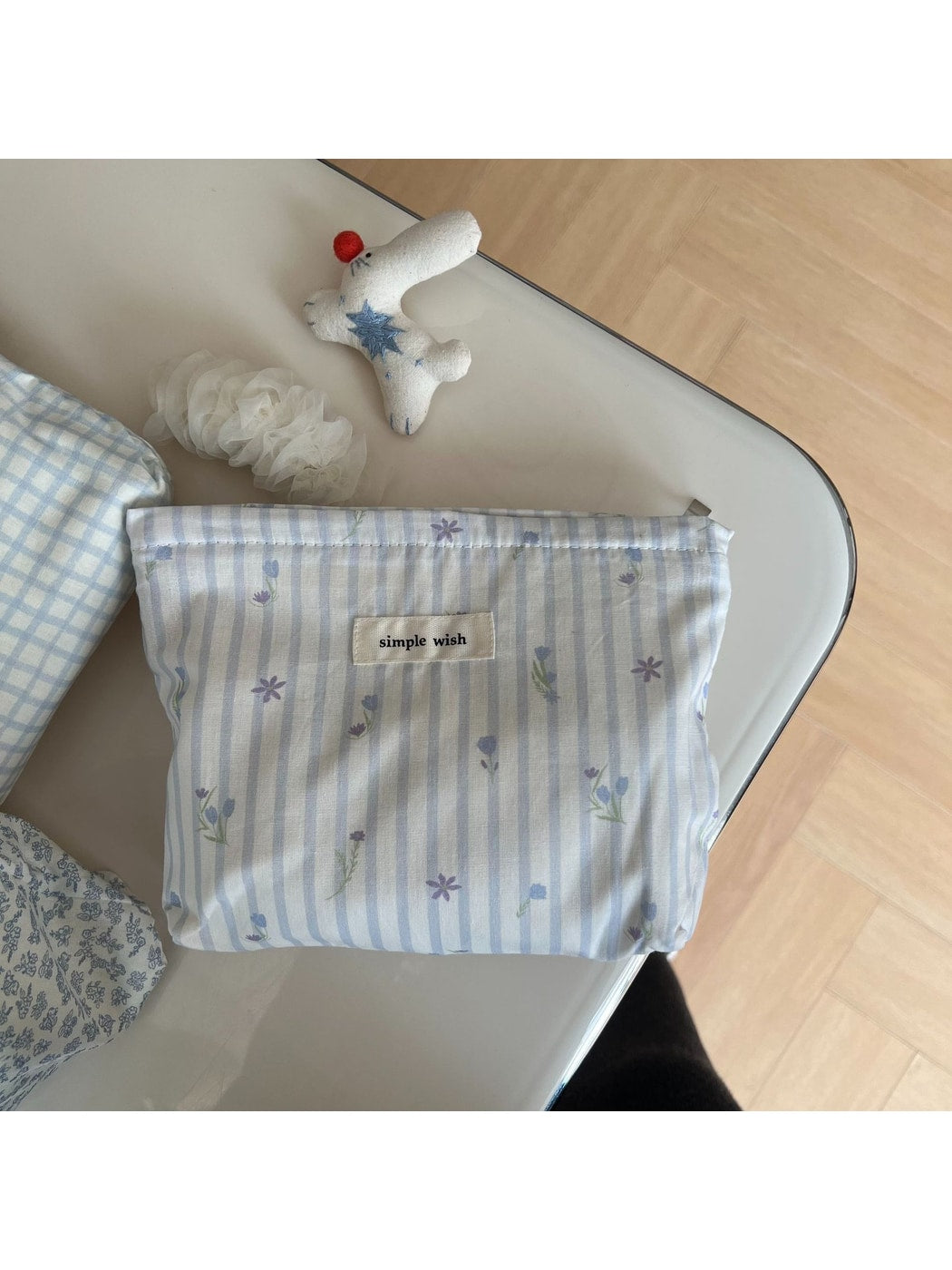 Cosbai - Blue Tones Plaid and Floral Makeup Bag