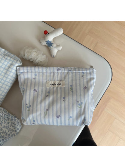Cosbai - Blue Tones Plaid and Floral Makeup Bag