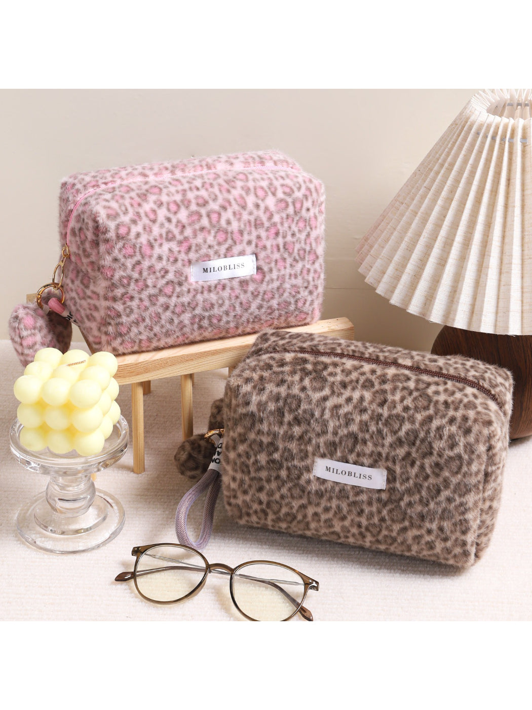 Cosbai - Fuzzy Leopard Cosmetic Pouch with Wristlet Strap