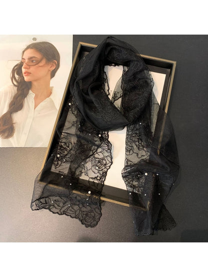 Scarvii - Floral Embroidered Solid Color Long Scarf