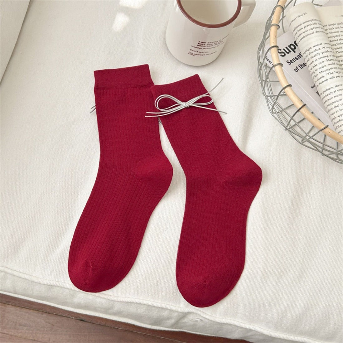 Rufia - Red Decorative Mid-Calf Socks