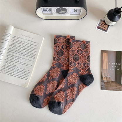 Rufia - Vintage Court Style Embossed Floral Mid-Calf Socks