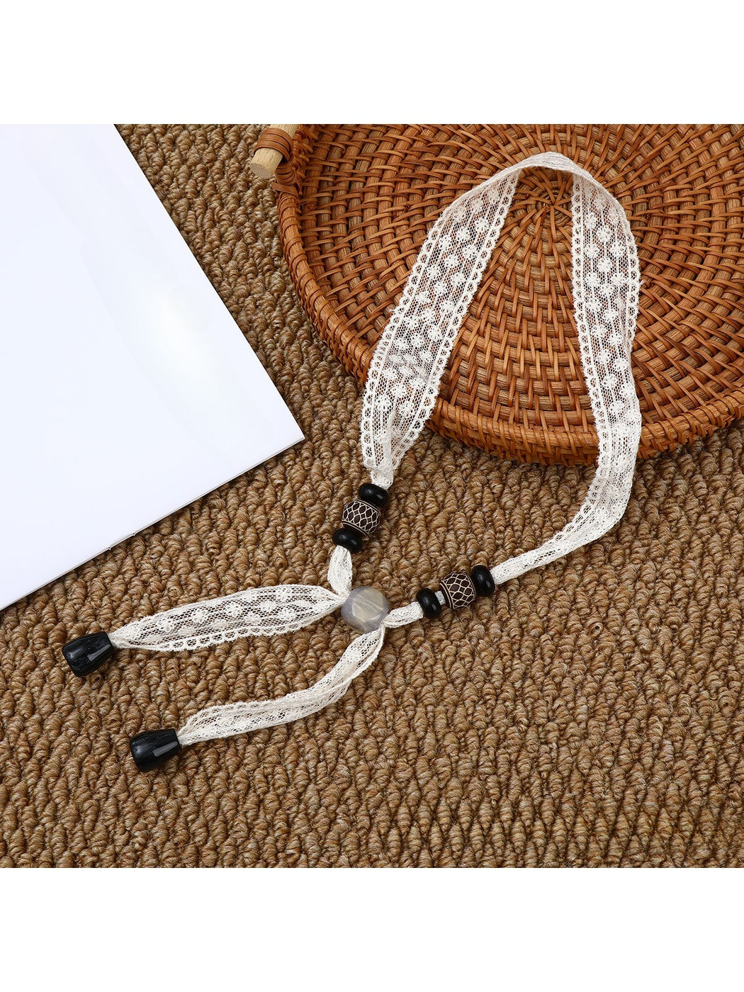 Scarvii - Lace Floral Print with Bead Detail Narrow Scarf
