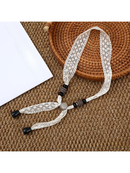 Scarvii - Lace Floral Print with Bead Detail Narrow Scarf