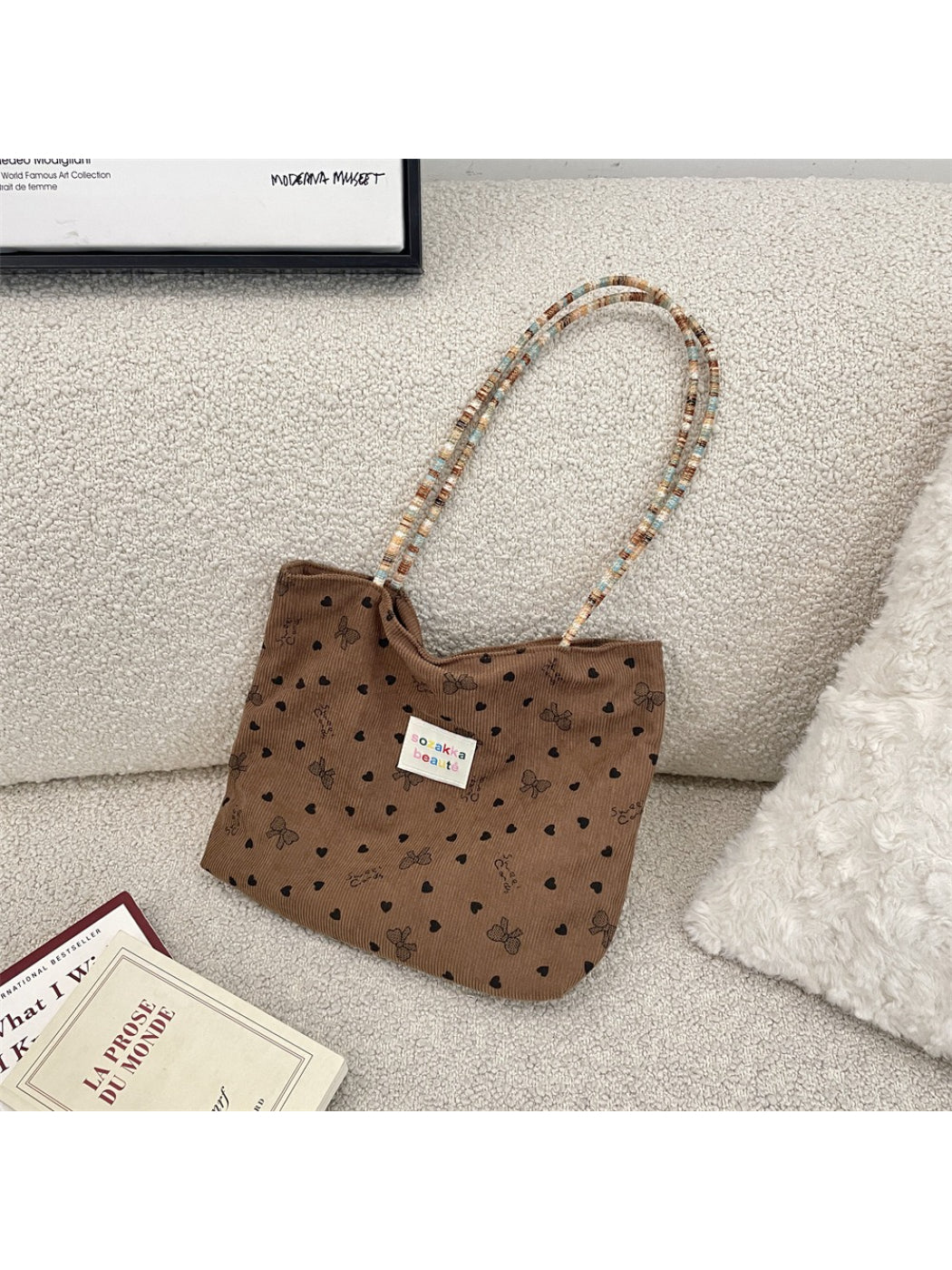 Cosbai - Beaded Strap Corduroy Tote