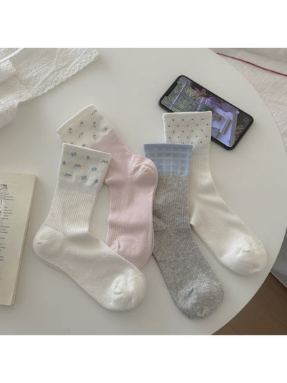 Rufia - Simple Decorative Mixed Pattern Crew Socks