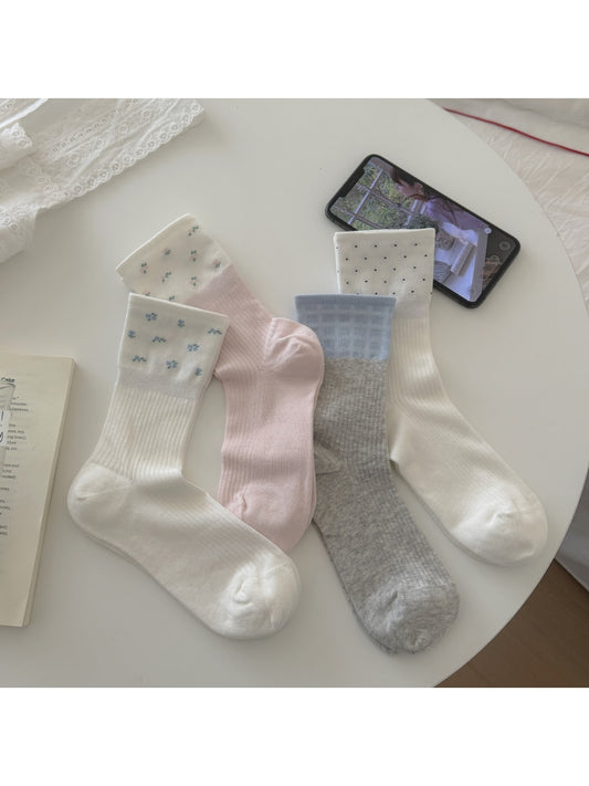 Rufia - Simple Decorative Mixed Pattern Crew Socks