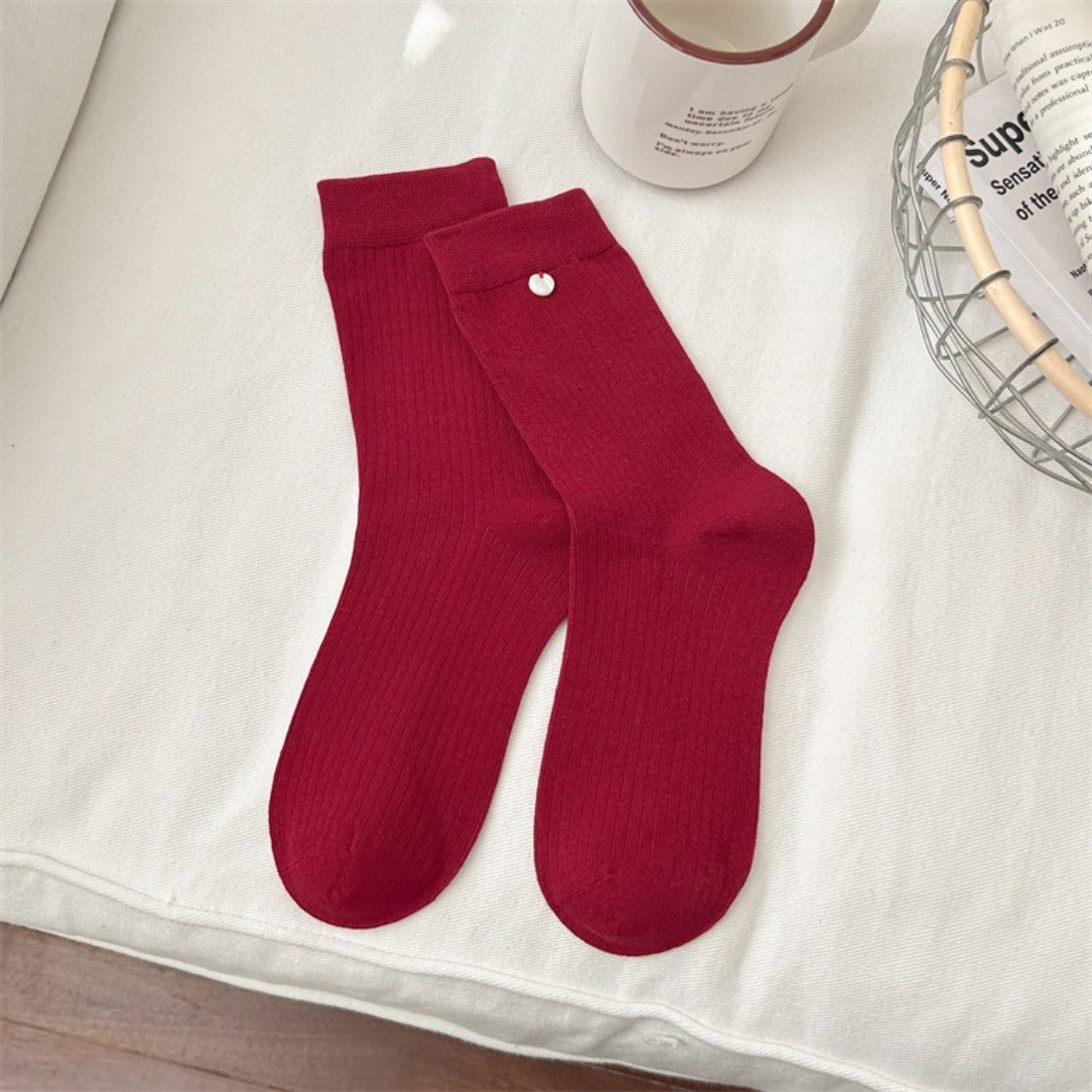 Rufia - Red Decorative Mid-Calf Socks