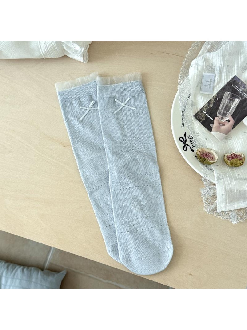 Rufia - Muted Bow Solid Color Crew Socks