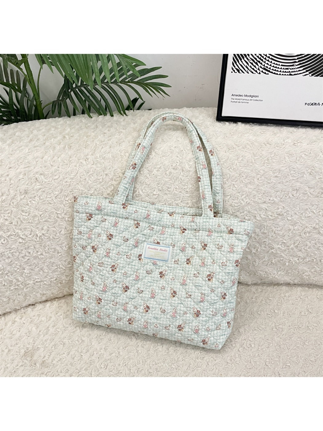 Cosbai - Floral Quilted Tote Bag with Cartoon Pattern