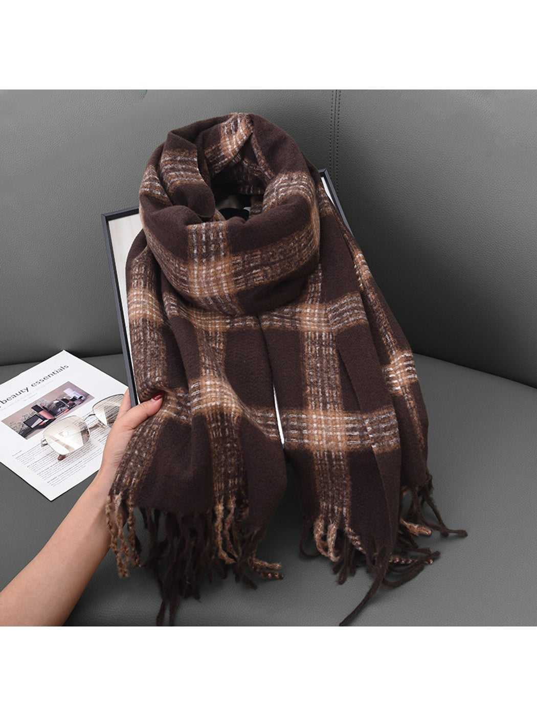 Scarvii - Double-Sided Bold Grid Plaid Fringed Scarf