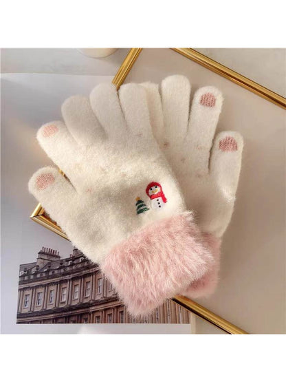 Gloving - Snowman Embroidered Plush Cuff Winter Gloves