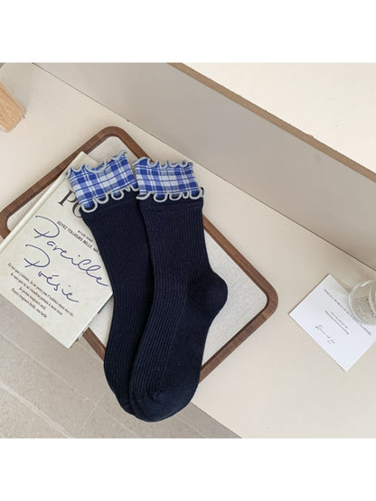 Rufia - Ruffled Edge Plaid Mid-Calf Winter Socks
