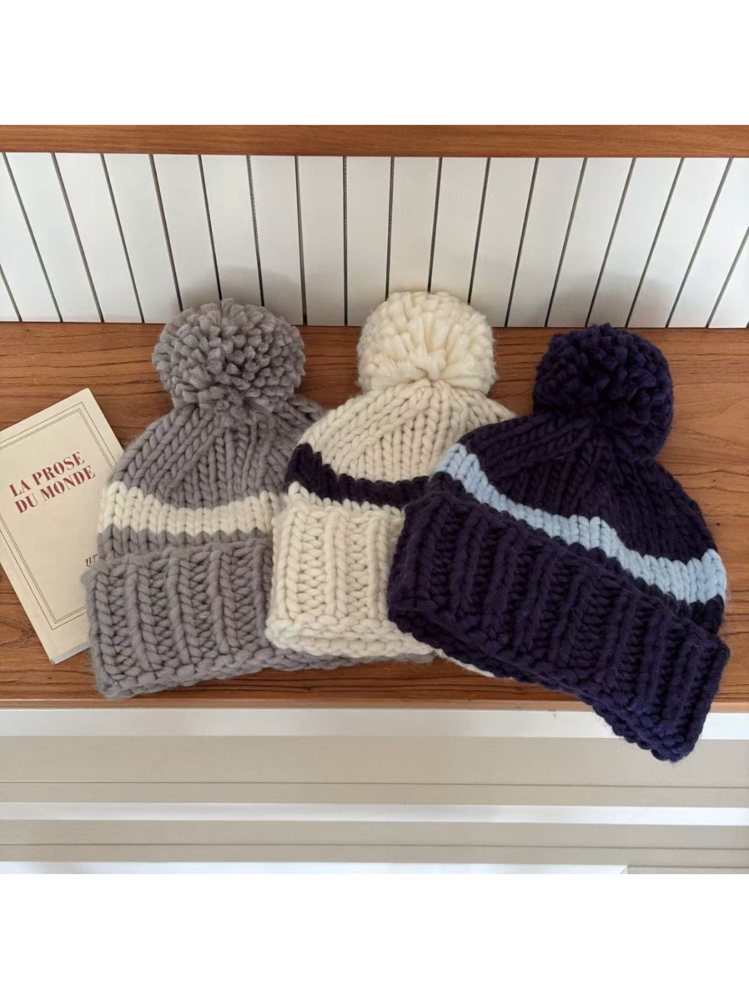 Haila - Contrast Stripe Chunky Knit Pom Pom Beanie