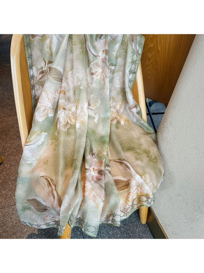 Scarvii - Fresh Green Floral Print Square Scarf