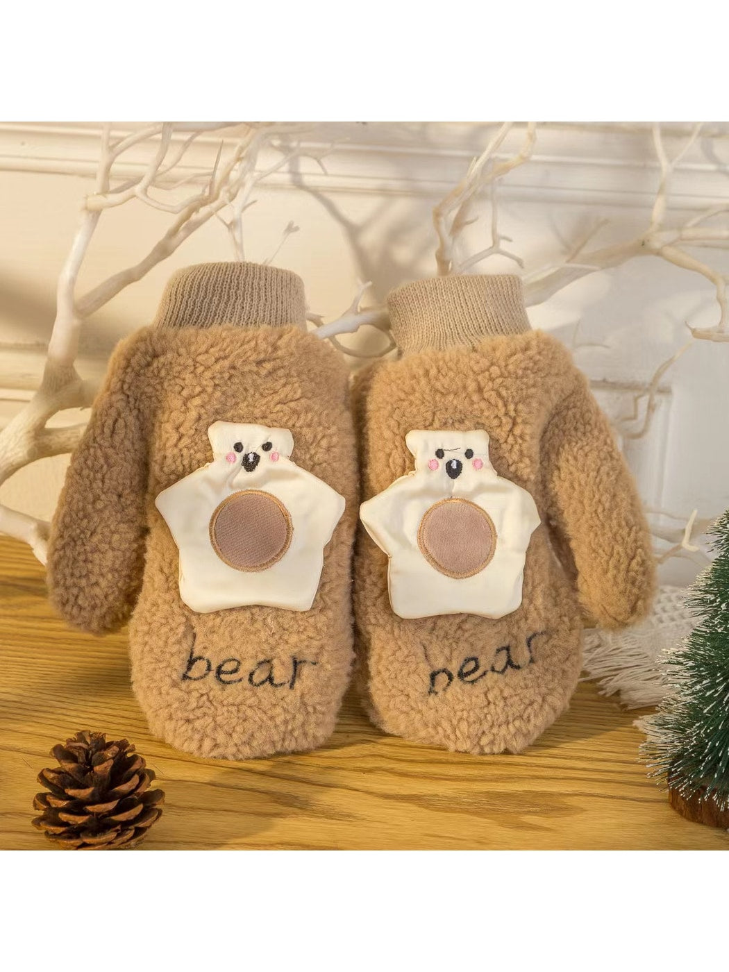 Gloving - Cartoon Bear Applique Plush Winter Mittens