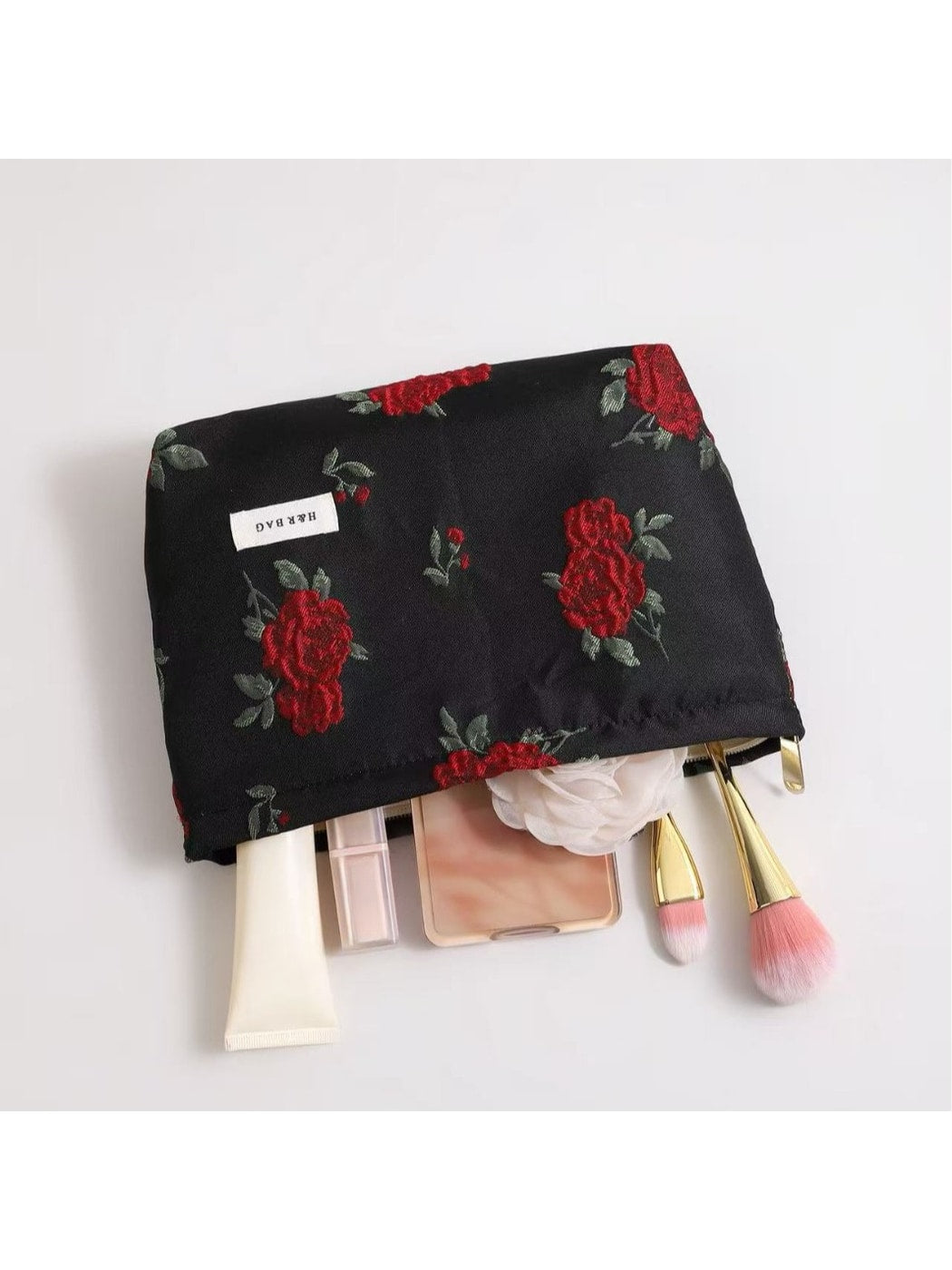Cosbai - Rose Print Handheld Floral Makeup Bag