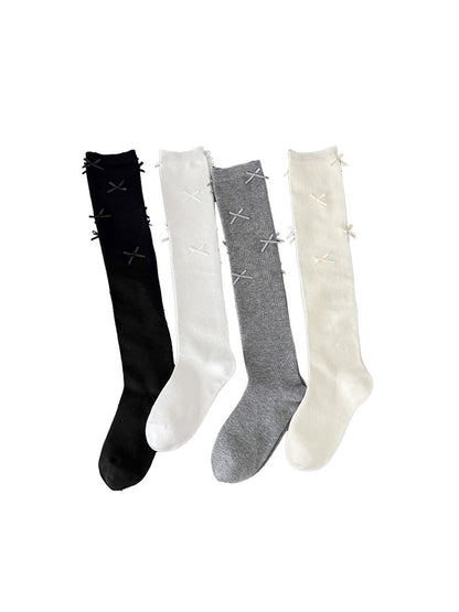 Rufia - Solid Color Bow Accent Knee-high Socks