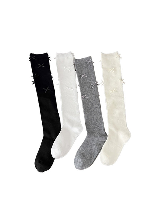 Rufia - Solid Color Bow Accent Knee-high Socks