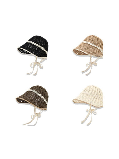 Haila lace trim knit bucket hat with tie straps displayed on a white background