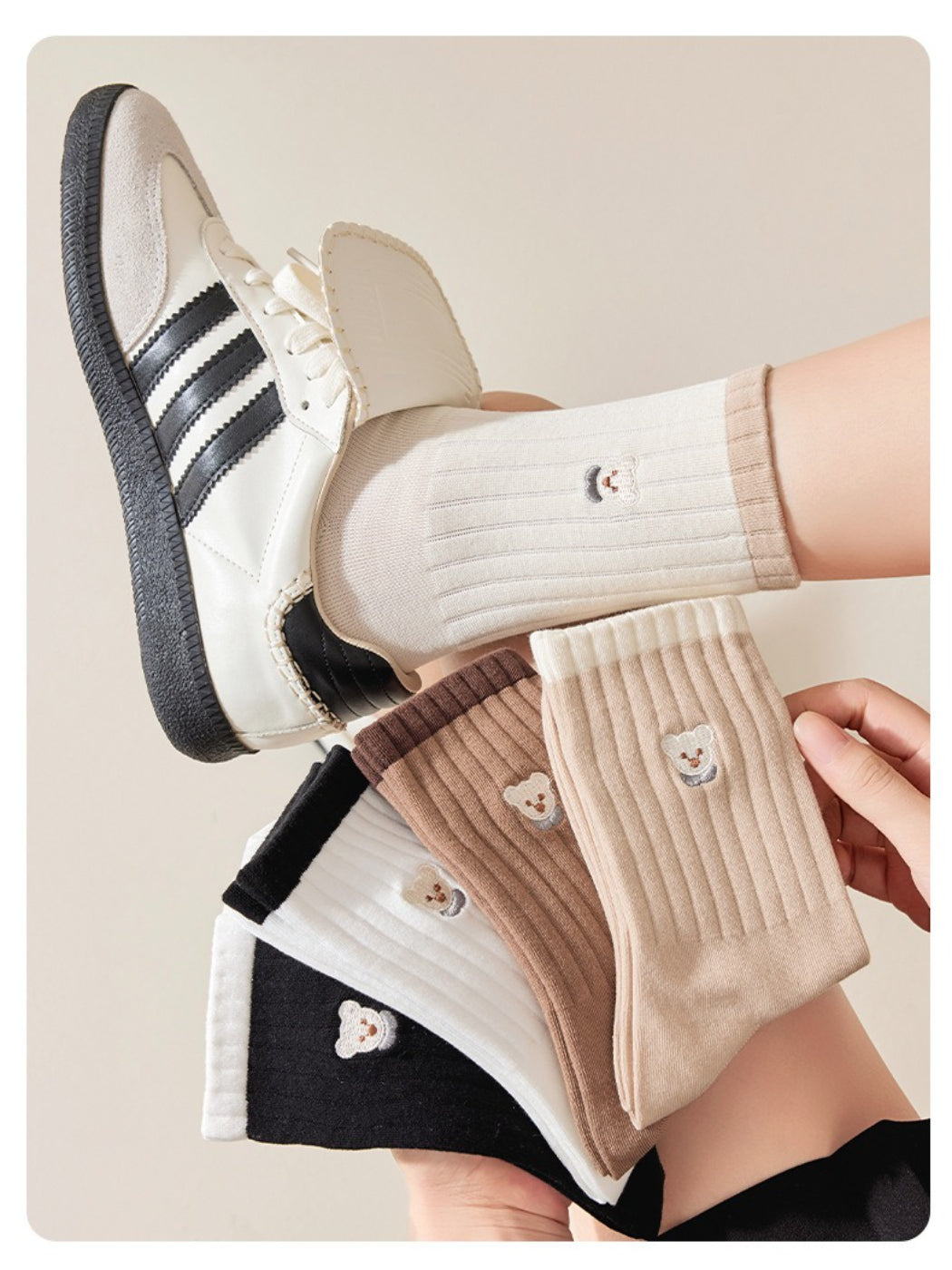 Rufia - Embroidered Bear Ribbed Crew Socks