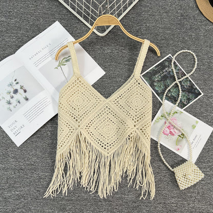 Crosa Checkered Bohemian Tassel Camisole Tank Top with tassel detail