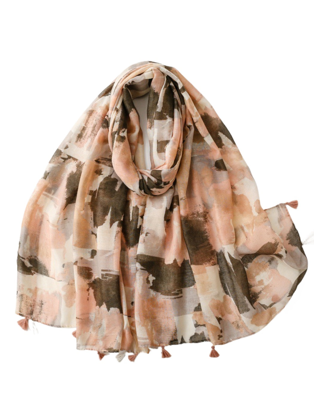 Scarvii scarf folded to highlight colorful brushstroke design and tassel edges