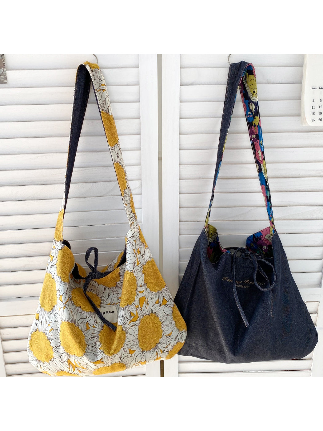 Close-up of Cosbai bucket bag fabric pattern and drawstring detail