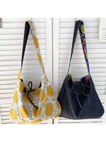 Close-up of Cosbai bucket bag fabric pattern and drawstring detail