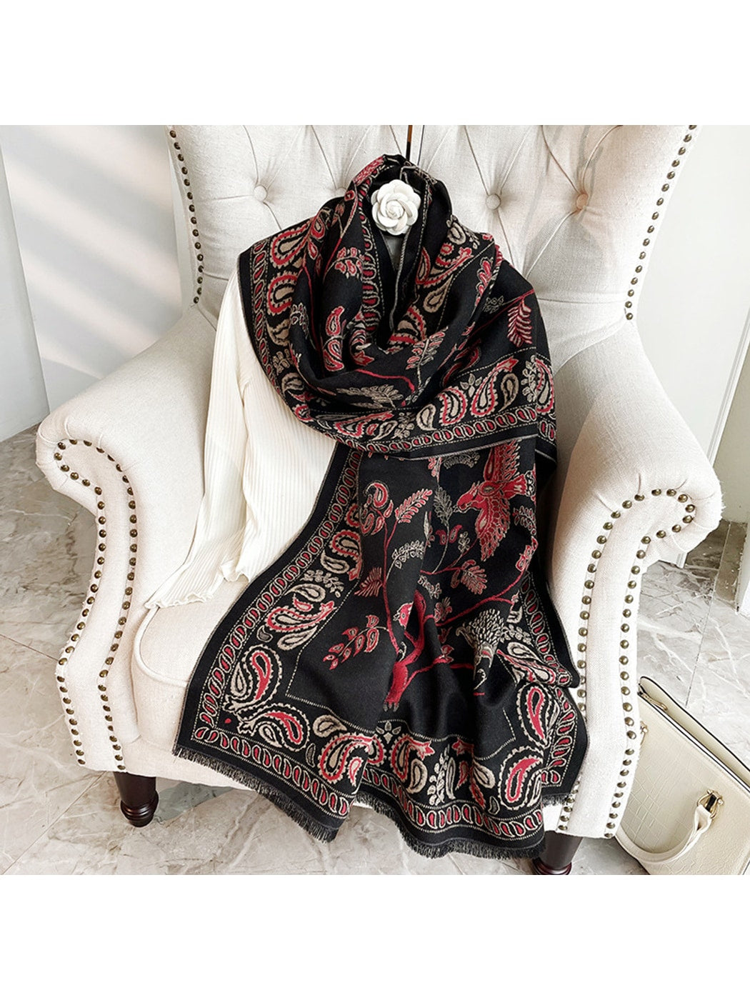 Scarvii - Paisley Border Bird Motif Fringed Scarf