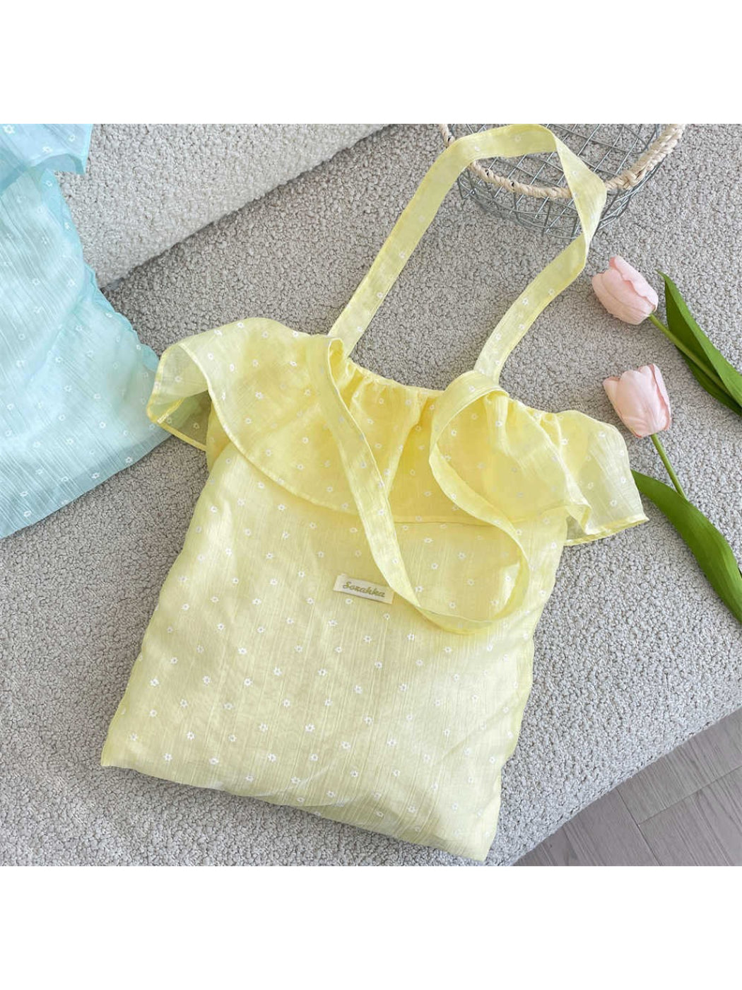 Interior view of Cosbai Light Dot Ruffle Tote Bag showing spacious compartment