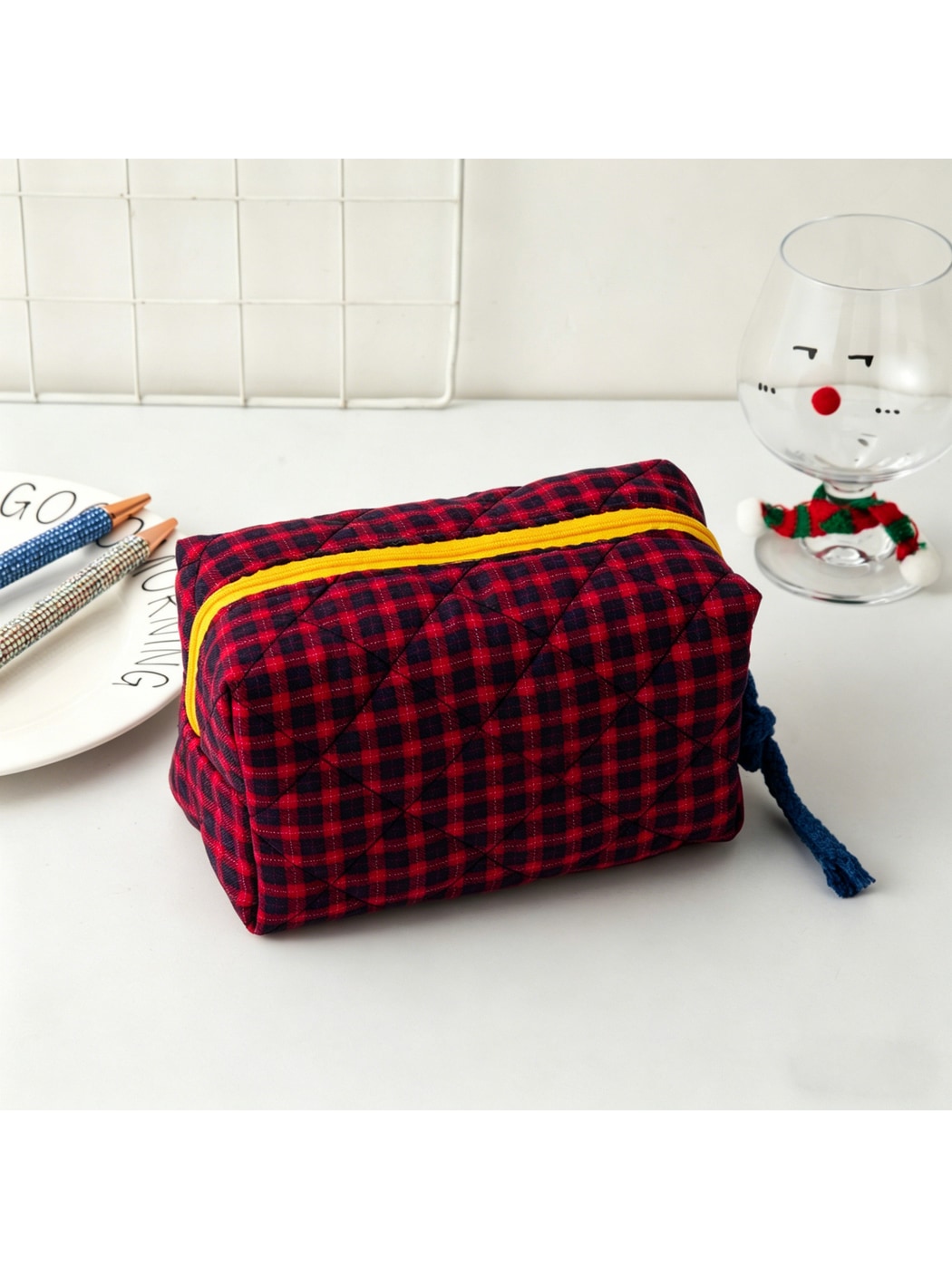 Cosbai - Color Block Plaid Cosmetic Organizer Bag