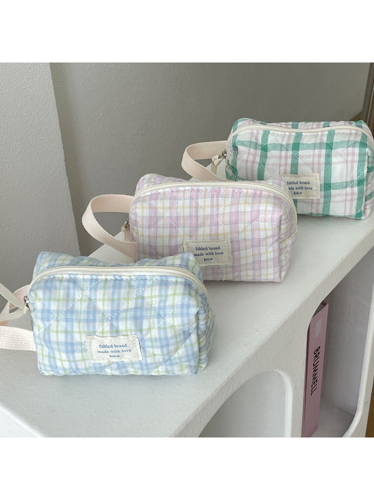 Cosbai pastel check travel makeup bag with zipper and handle on a white background