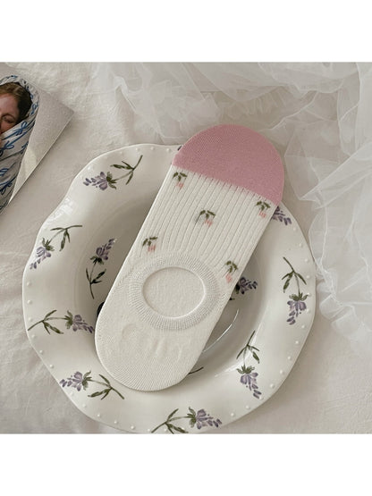 Rufia - Ribbed Low Cut Socks with Tiny Floral Print