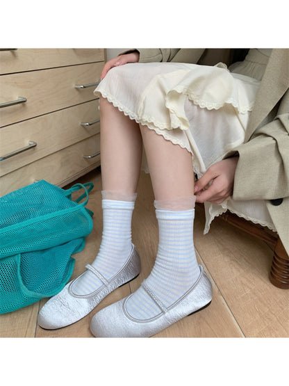 Rufia - Ruffle Cuff Stripe Mid Calf Socks