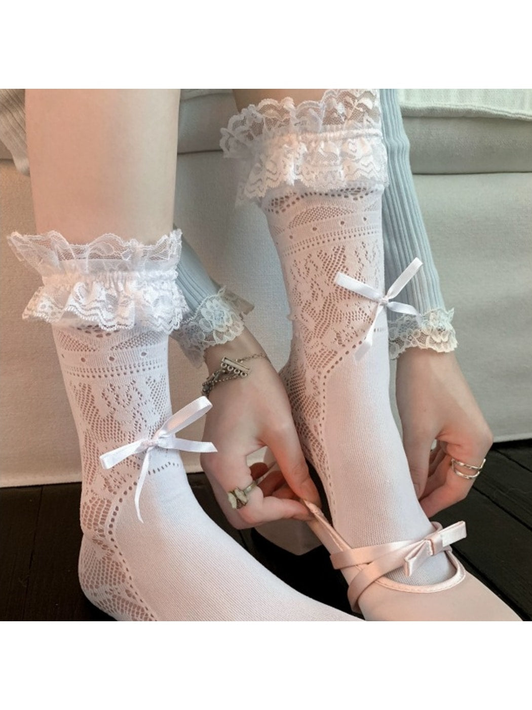 Rufia - Lace Ruffle Bow Detail Women's Crew Socks