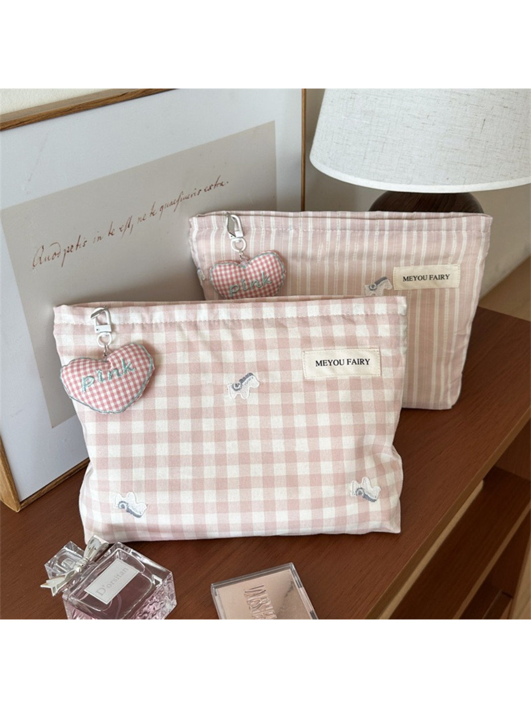 Cosbai gingham pink makeup pouch on white background