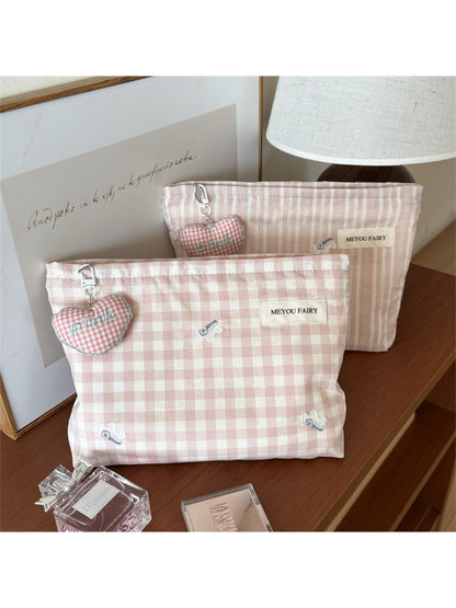 Cosbai gingham pink makeup pouch on white background