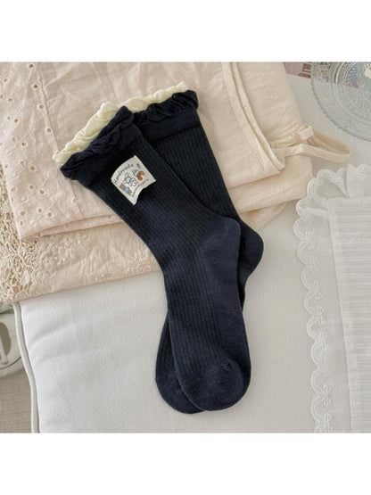 Rufia - Two-tone Ruffle Cuff Crew Socks