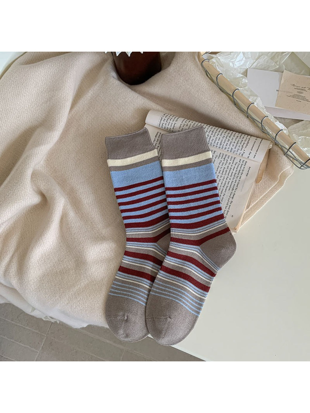 Rufia socks folded to display colorblock design and bow details