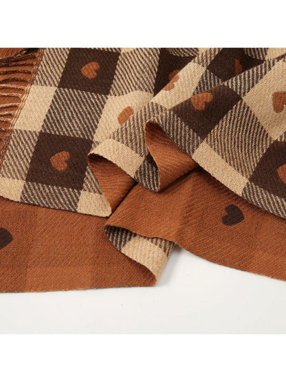 Scarvii - Heart Print Plaid Winter Scarf
