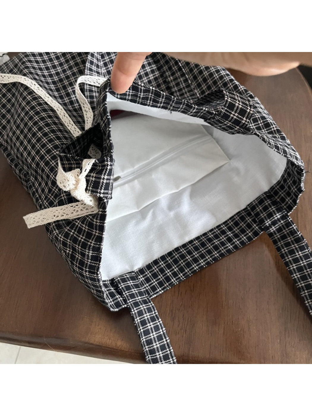 Cosbai plaid tote bag styled with casual outfit on model
