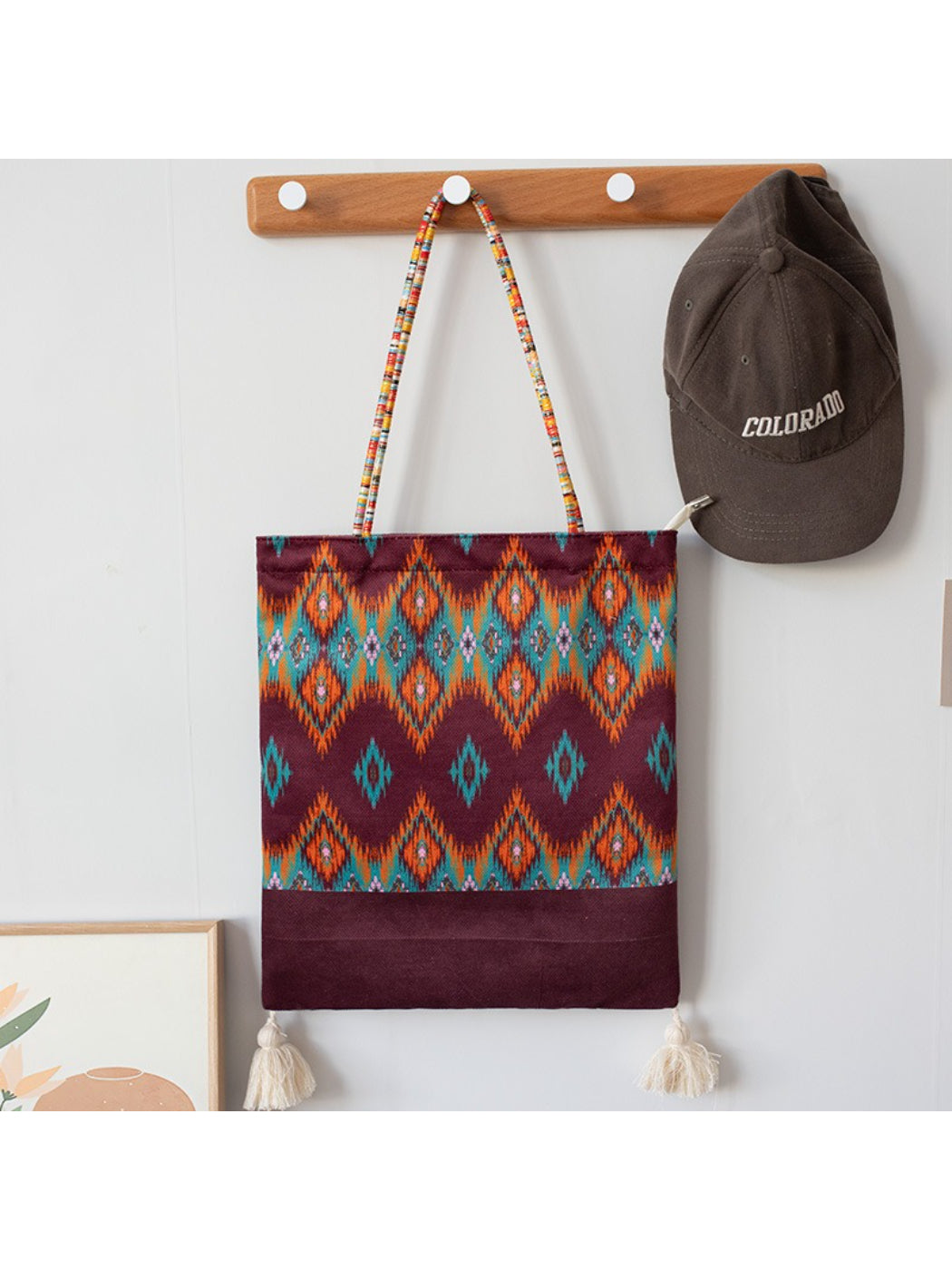 Cosbai Boho Ethnic Tassel Tote bag with ethnic pattern and tassels shown from top angle