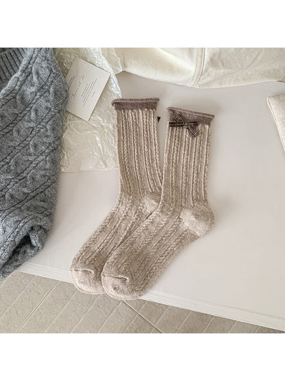 Rufia - Ribbed Knit Bow Accent Rolled Cuffs Crew Socks